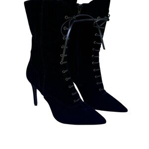 Steven By Steve Madden Black Pointed-Toe Lace-Up Heeled Boots
